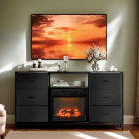 Black Embossed Fireplace TV Stand with 18 Inch Insert & 6 Fabric Drawers, RGB Lights, Industrial Iron-Wood Design Media Console, 58 x 11.8 x 31.3